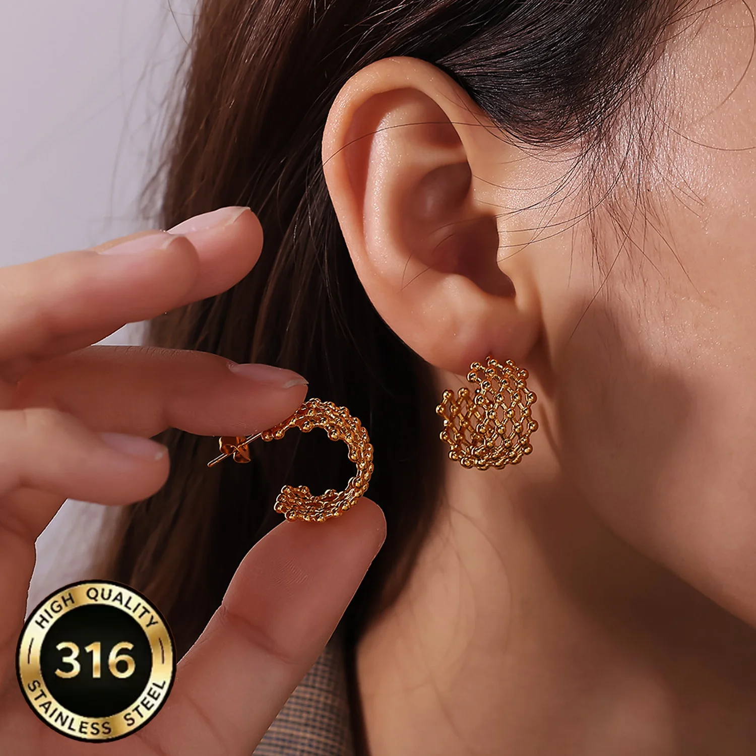 Women's Stainless Steel Gold Bead Mesh C-Shaped Niche Design 18K Gold Plated Stud Earrings Hong Kong Style Small Elegant Jewelry