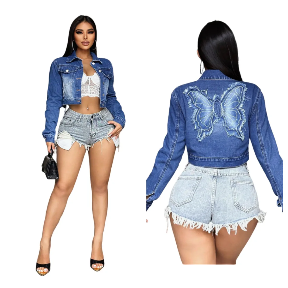 Women Denim Jacket Fall Winter Fashion Embroidered Patchwork Butterfly Denim Jacket Lady Casual Ripped Pocket Short Jean Jacket
