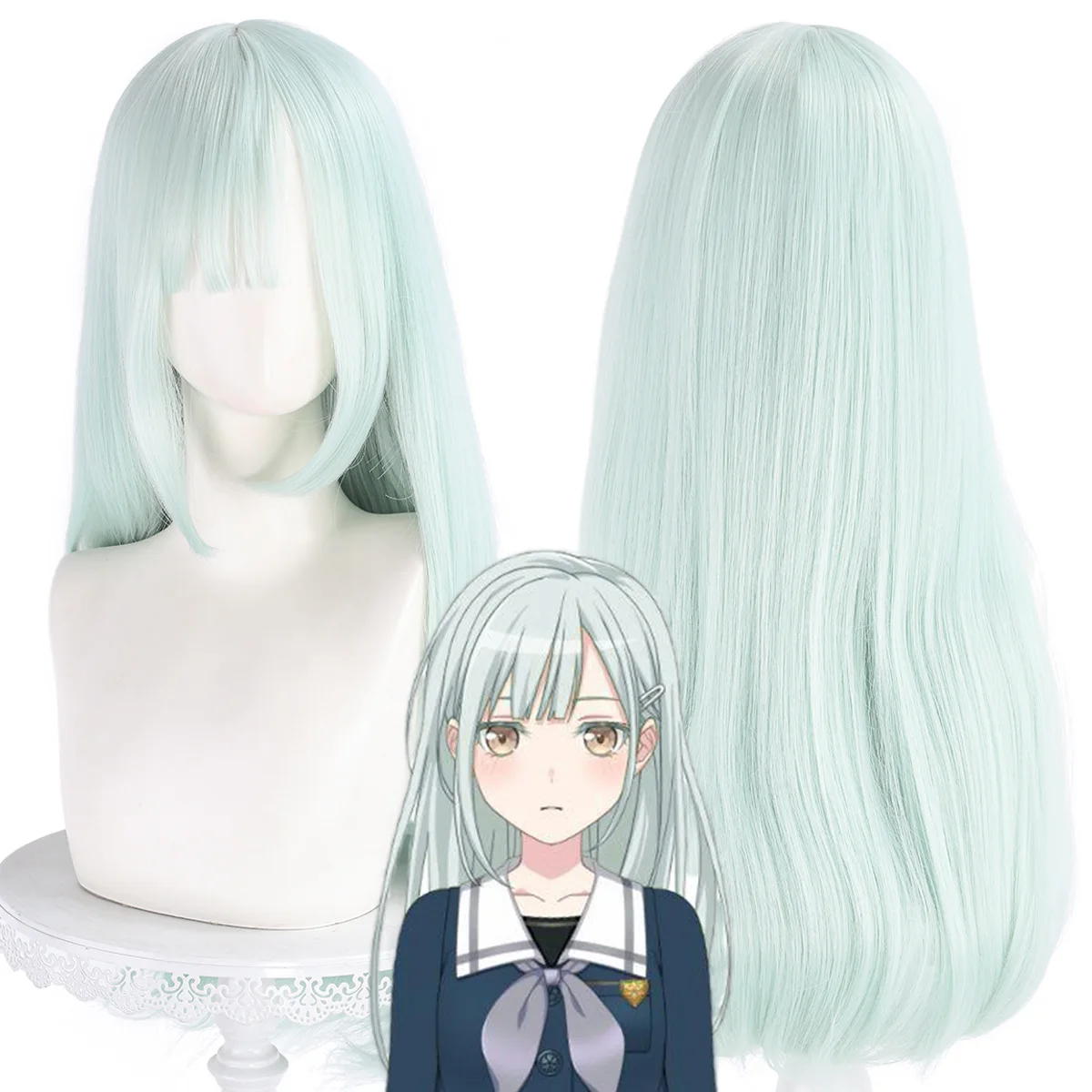Women Anime BanG Dream! Wakaba Mutsumi Cosplay Long Light Green Wigs