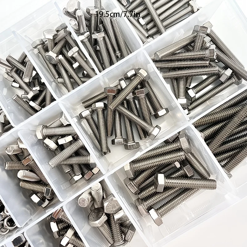 657-teiliges Set aus Edelstahl-Sechskantschrauben, Muttern und Unterlegscheiben (M4, M5, M6), geeignet für Heimreparaturen, Maschinenbau und DIY-Projekte.