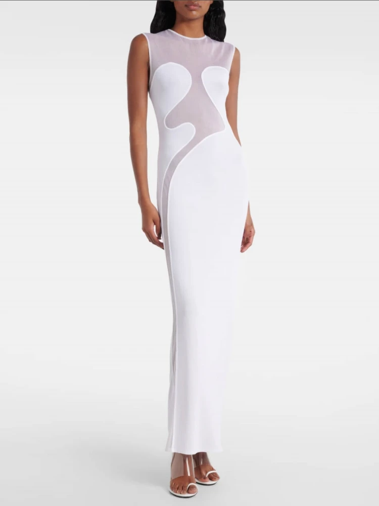 Robe longue à bandes en maille, col rond, Sexy, Patchwork, noire, blanche, transparente, irrégulière, moulante, robes de soirée, de Cocktail