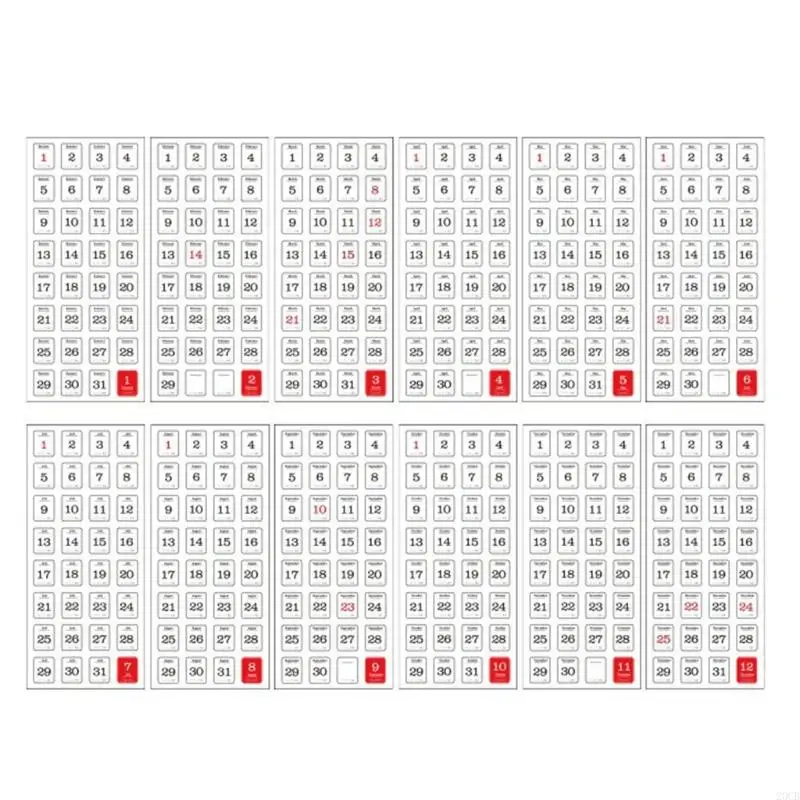 20CB 12 Sheets Calendar Sticker Scrapbook Accessories Sticker 365 Days Sticker Number Sticker for Photo Album Notebook