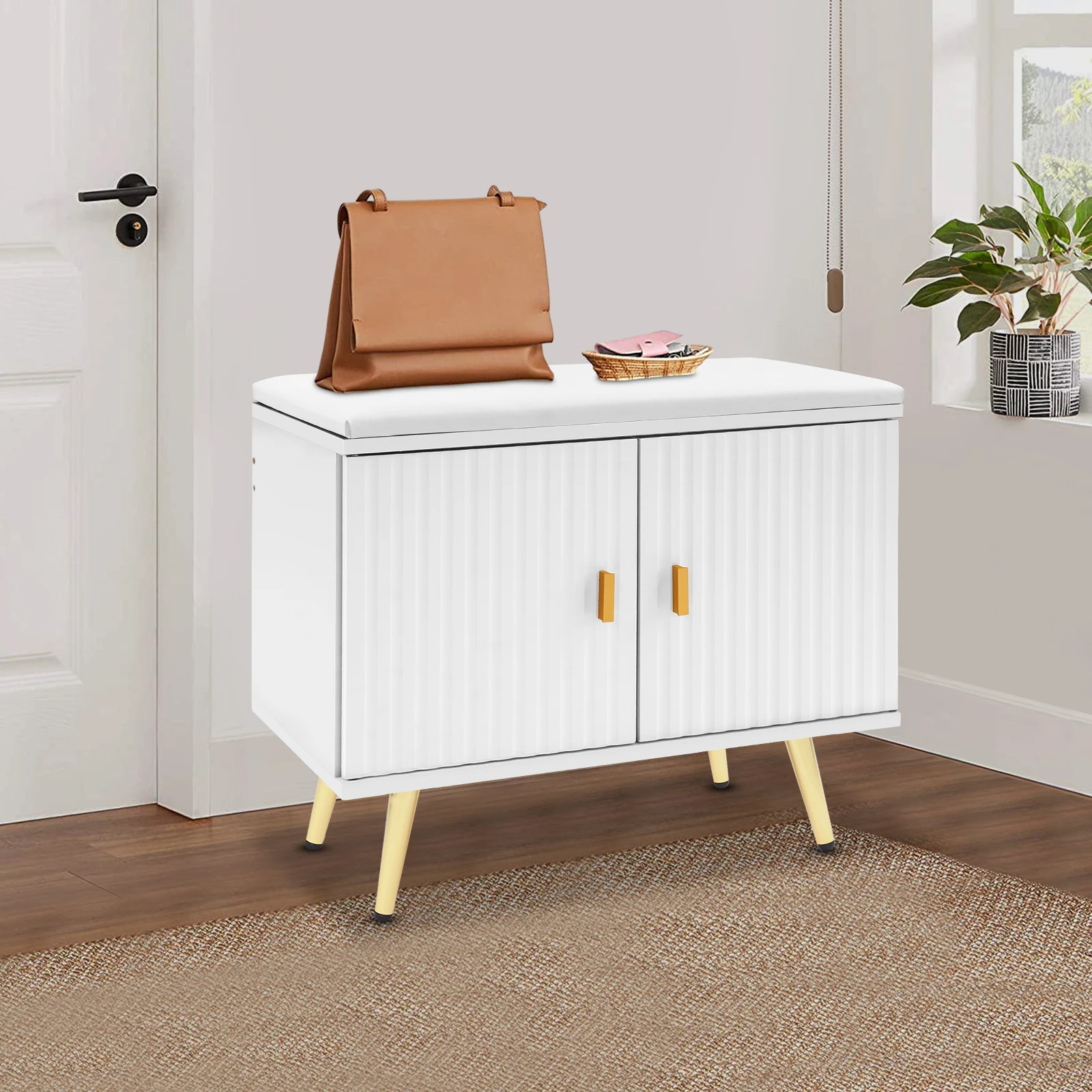 مقعد أحذية حديث أبيض + ذهبي مع مساحة تخزين من طبقتين وقسم قابل للإزالة، أرجل معدنية، سعة تحميل 100 كجم مقاس سطح المقعد 60*32 سم #4