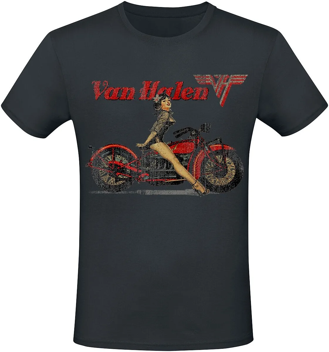 Camiseta Van Halen Motorcycle Pin-Up, Camiseta Hard Rock con Logotipo VH Vintage y Estampado Retro de Chica Motociclista, Merchandising para Fans de Van Halen