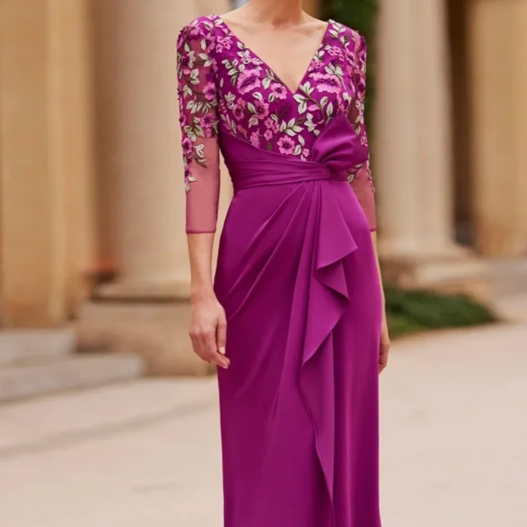 エレガントな V ネック 3/4 袖ブライダル パーティー ドレス花スプリットフロアレングスマーメイド花嫁の母のドレスカスタマイズ