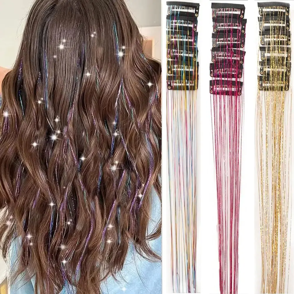 

12Pcs Clip In Hair Tinsel Kit 20 inch Glitter Hair Extensions Heat Resistant Sparkling Fairy Hair Tinsel Hair Accessories