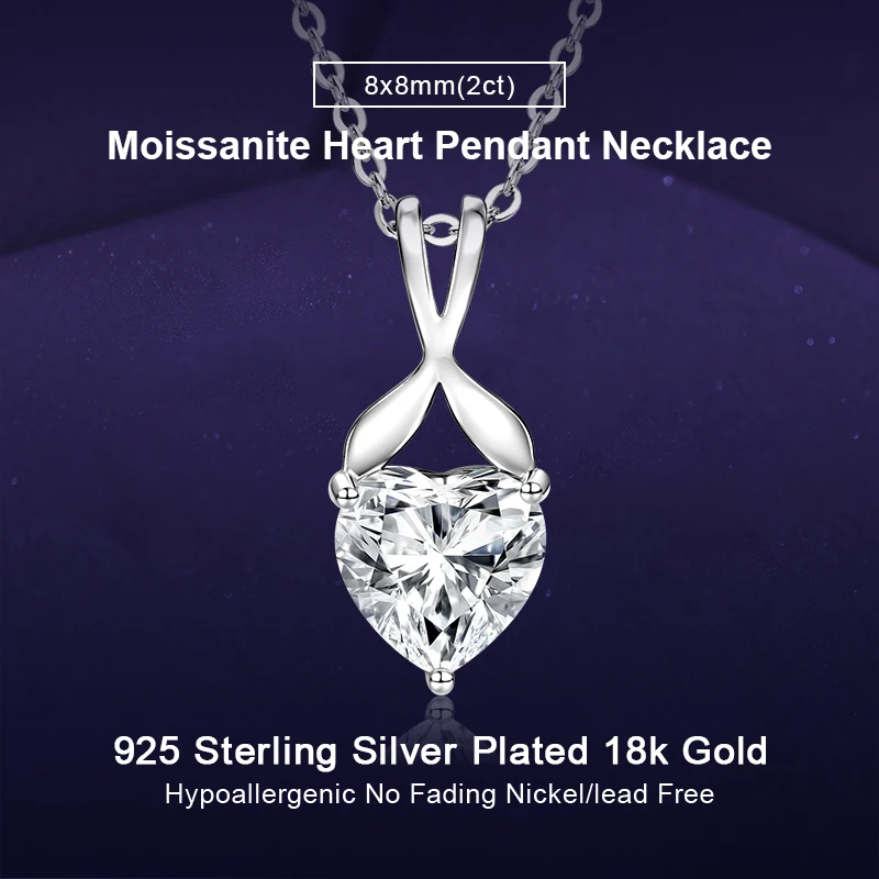 

IOGOU 8x8mm 2ct D Color Moissanite Diamond Heart Pendant Necklace for Women 925 Silver Trendy Tail Fish Fishtail Charm Necklace