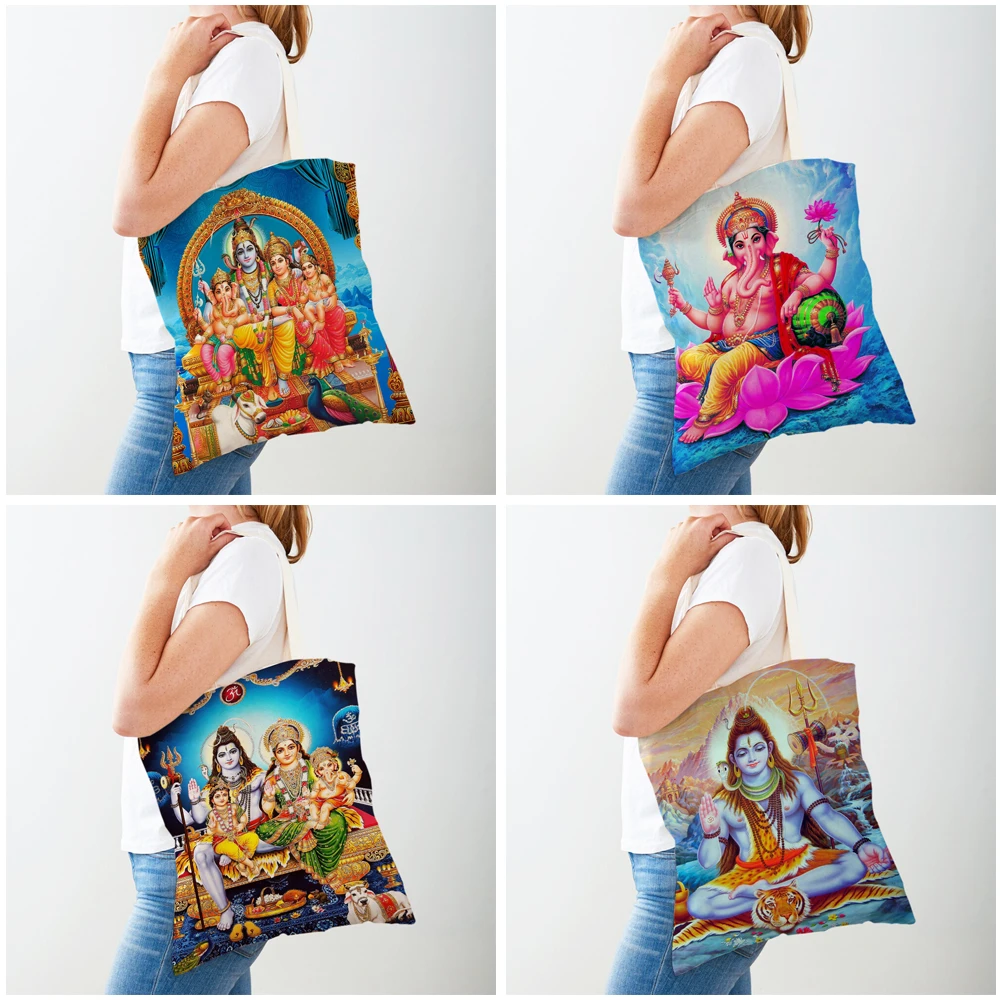 Borse per la spesa da donna casual con cartoni animati della mitologia indiana Entrambi i lati Borsa shopper Shiva Ganesha Borse da viaggio in tela