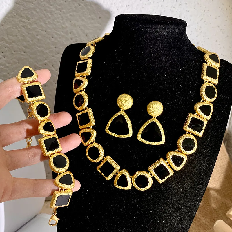 Fashion Jewelry Vintage Temperament Geometric Splicing Color Necklace Earrings For Women Female Gifts Simply Design Accessories