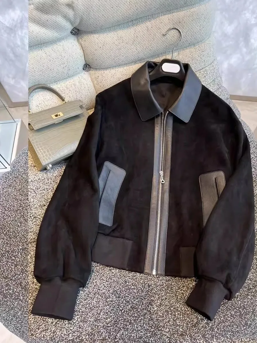 Faionable Bla Spliced Leather Velvet ort Jaet Loose Casual Leisure Turn-down Collar Coat for Men And Women Spring Autumn