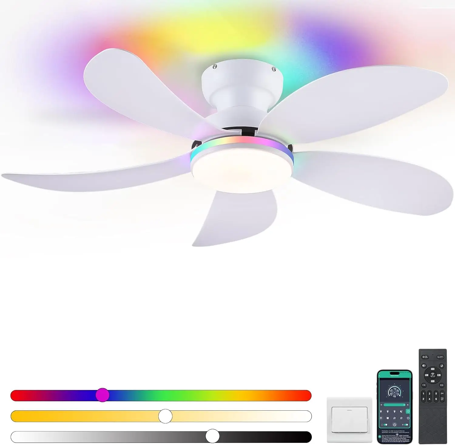 

42" White RGB Ceiling Fans with Lights and Remote/APP, Small Modern Low Profile Ceiling Fans with Quiet Reversible DC M
