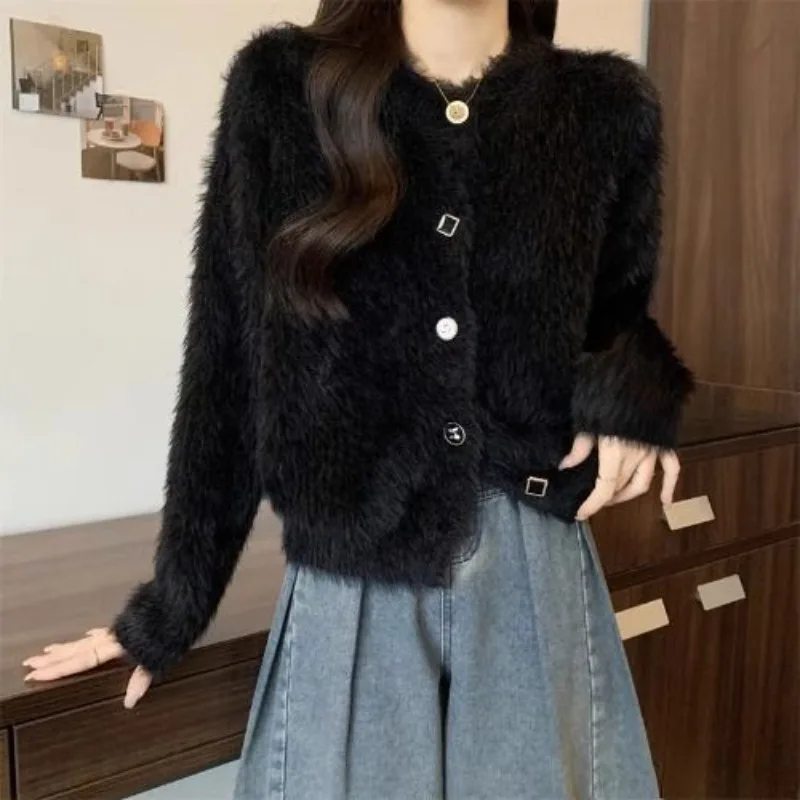 

Women Autumn Winter Fashion Casual Buttons Waterproof Mink Solid Color O-neck Sweater Women Clothes Versatile Appear Thin Knitwe