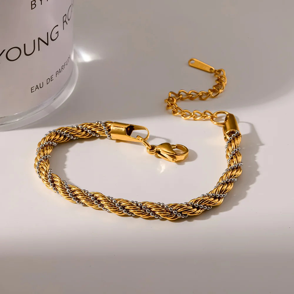 Women's Stainless Steel 18K Gold Plated Bracelet Color Blocking Fried Dough Twists Ins Style Jewelry Gift Color Fastness