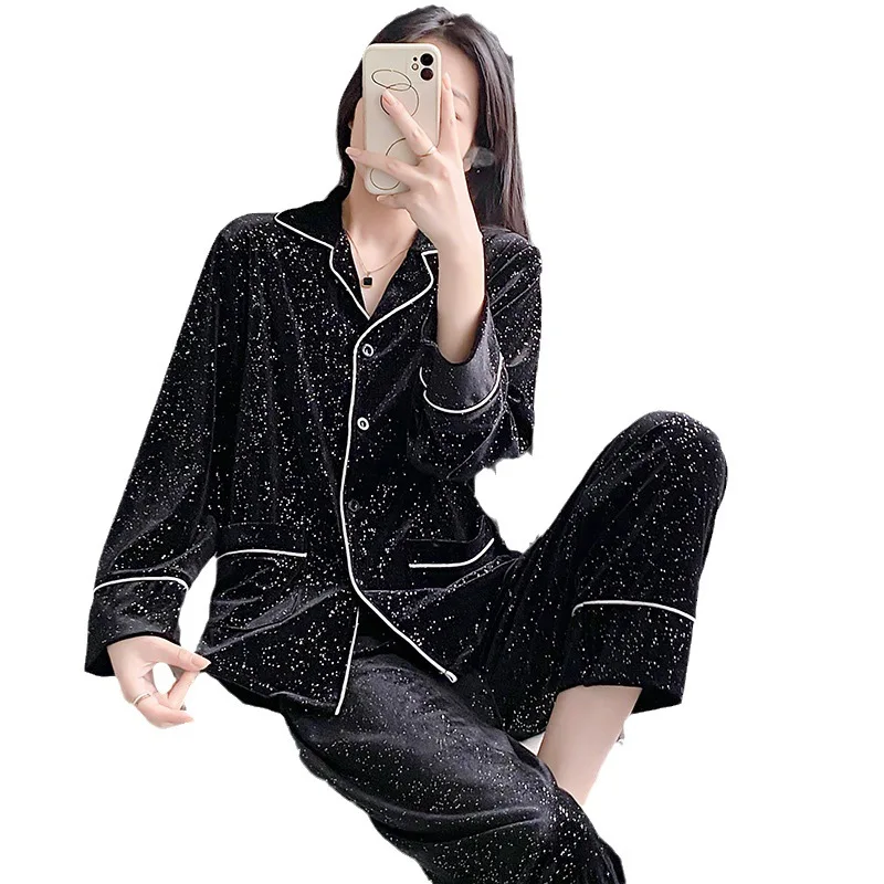 

Pyjama Pour Femme Black Velvet Long Sleeve Trouser Suits Loose Casual Homewear Loungewear Autumn Winter Women Velour Pajamas Set