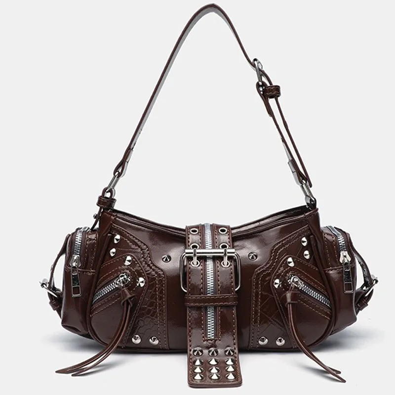 Y2k Punk Vintage Shoulder Purse Women Leather Gothic Rivet Handbag