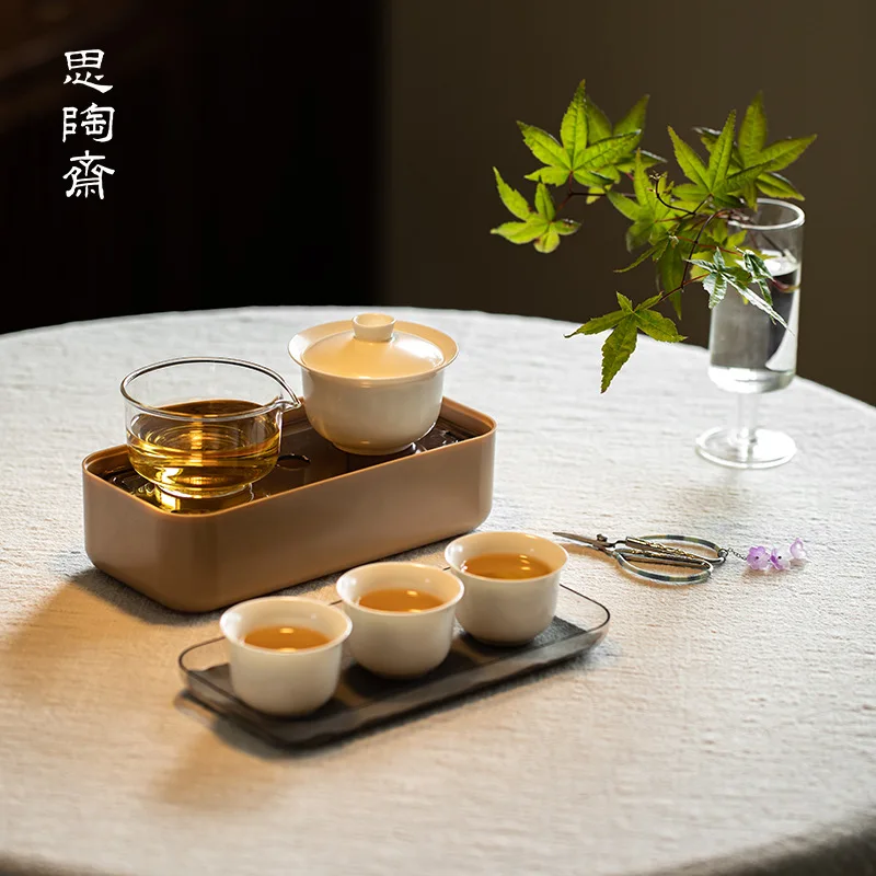 Portable Matte Glaze Travel Tea Set with Storage Pouch and Tea Tray Includes 1 Gaiwan 3 Cups Friend Birthday Gift