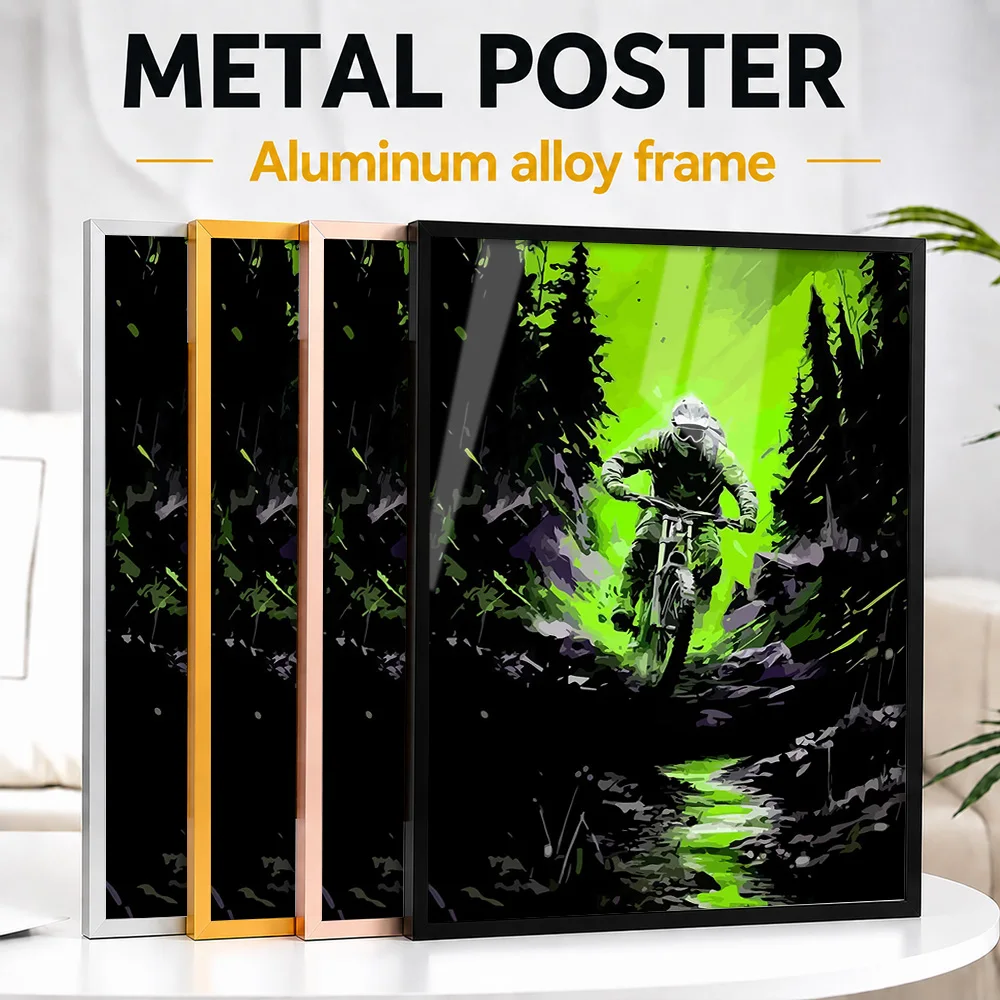 Mountain Biker In Green Forest Framed Metal Poster Customized Graphic Design Wall Art For Garage And Bicycle Repair Workshop