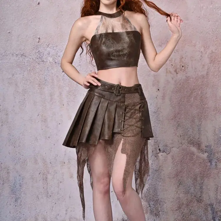 Original Y2k  Faux Leather Asymmetric Design Skirt Lace Patch Lace-up A line Pleated Brown Mini Punk Grunge Skirts