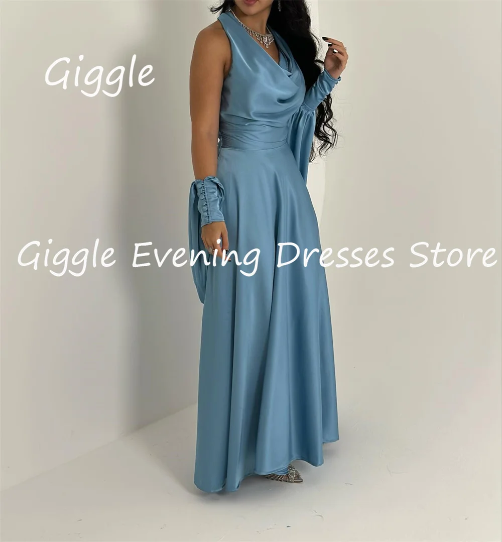 Giggle Satin A-line Halter Ruffle Formal Elegant Prom Gown Ankle-length luxury Evening Pretty Party Dresses for Women 2023