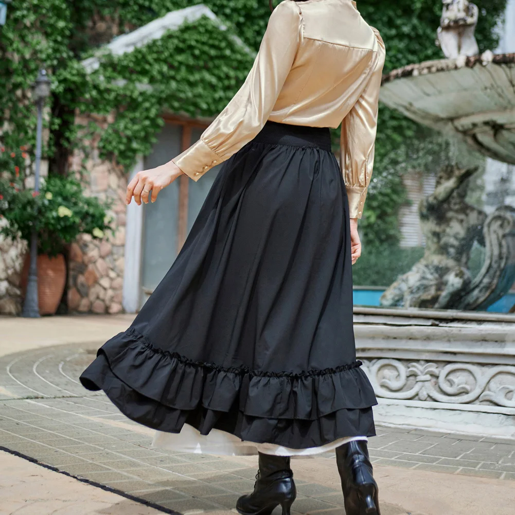 Scarlet Darkness Women Victorian Skirt High Waist Dual Layer Ruffled Hem Back Adjustable Skirt Steampunk Gothic Maxi Skirt