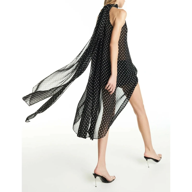 

Womens Straps Tied Halter Neck Long Tops Summer Solid Color/Dot Print Sheer See Thru Backless High Low Cover-ups Vest