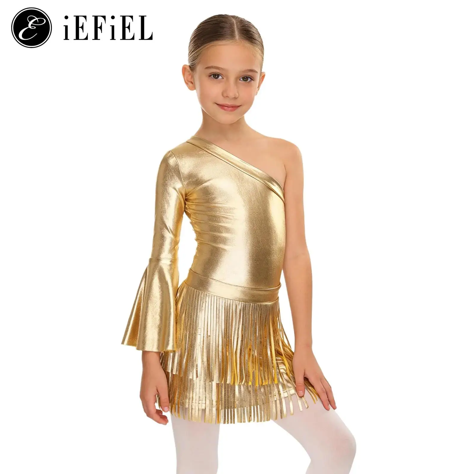 

Western Cowgirl Costume Girls 70S Disco Vintage Jumpsuit Metallic Shiny One Flare Sleeve Bodysuit with Fringed Skirt Jazz Outfit