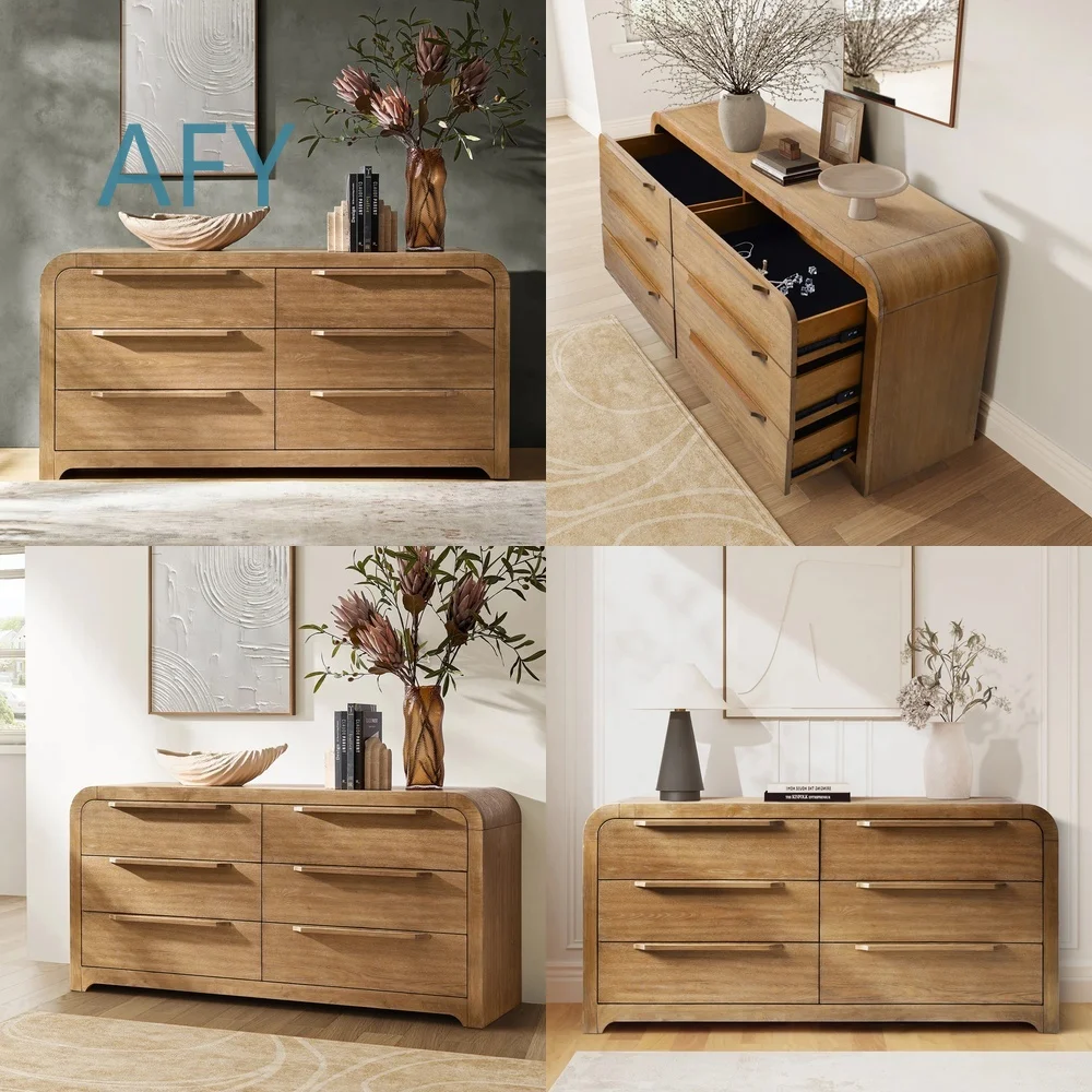 Nordic Style Arc Corner 6 Drawer Cabinet for Bedroom Living Room Office Multi Functional Storage Unit Retro Color Furniture