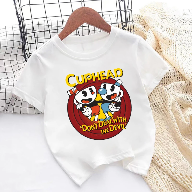 حار بيع لطيف Cuphead لعبة طباعة الكرتون الاطفال تي شيرت الفتيات جديد الصيف قمم طفل الفتيان ملابس الأطفال قصيرة الأكمام تي شيرت