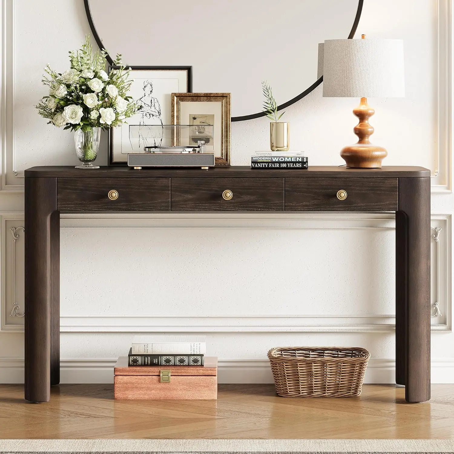 

52" Rustic Console Table Curved Corners 3 Drawers Storage Adjustable Feet Retro Living Room Hallway, Customized