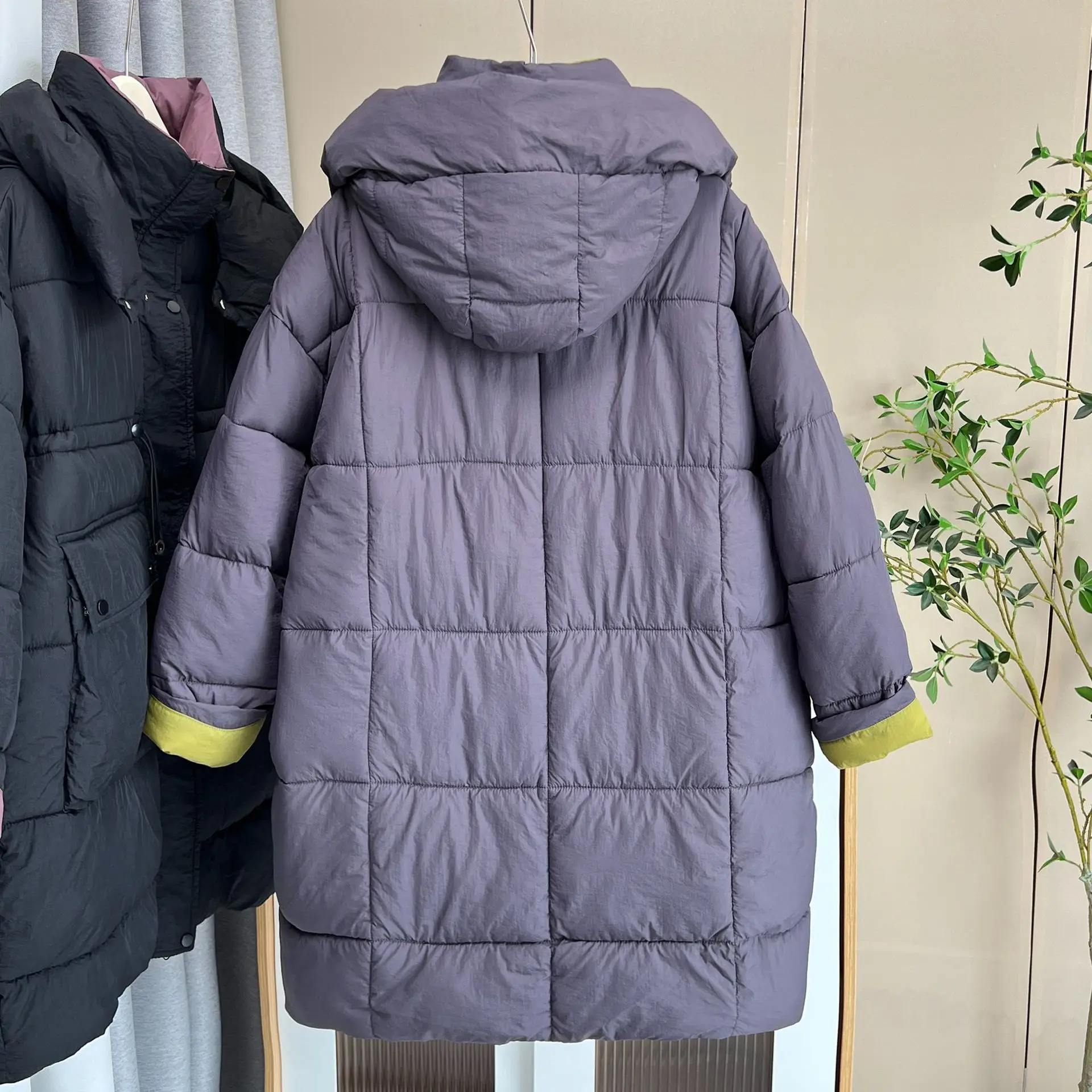 XXXXL موضة حجم كبير سترات نسائية جديدة بسيطة منتصف طول مقنعين وسادة مبطنة في الشتاء الدافئة كتلة اللون معطف 0658 #5