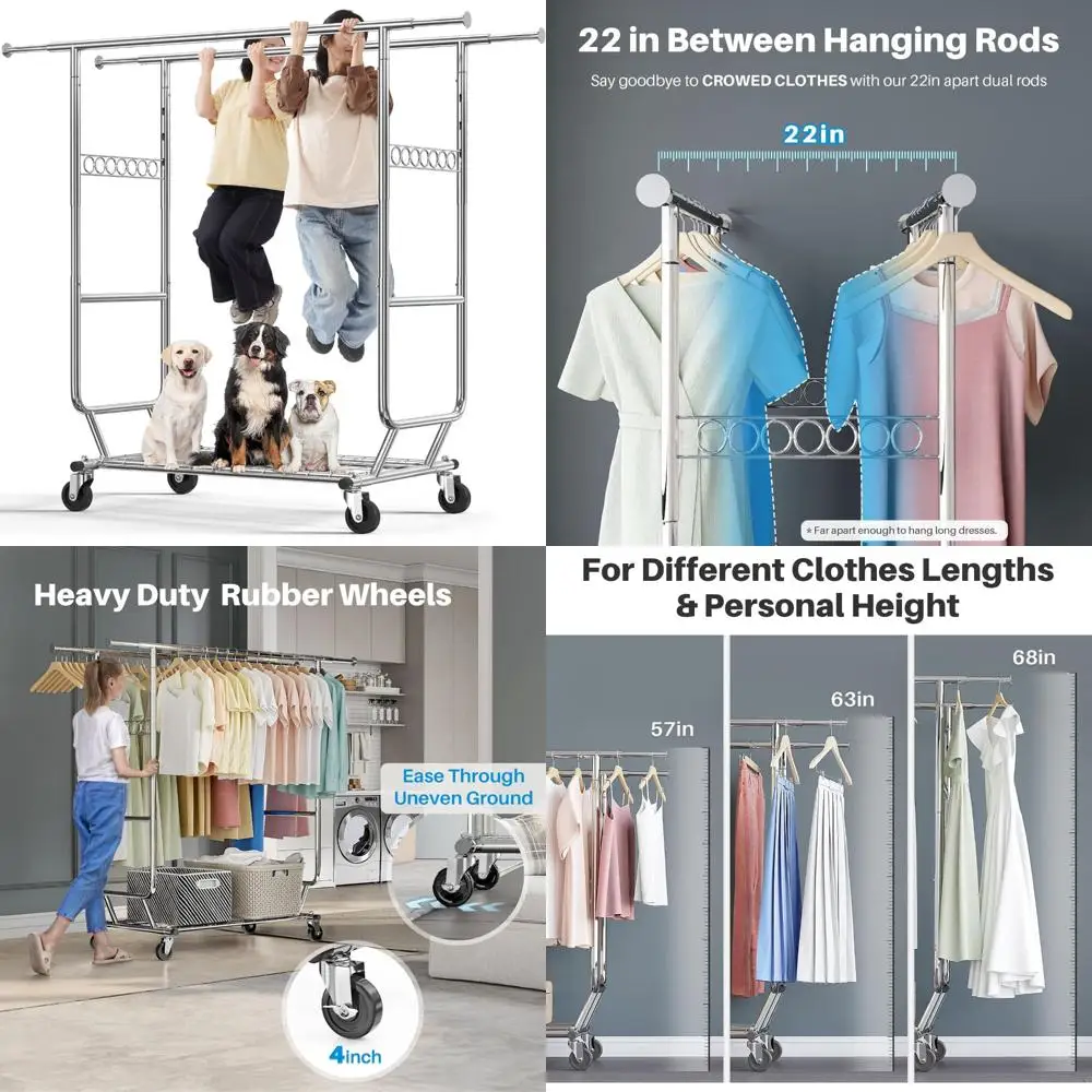 

Прочная складная вешалка для одежды с двойным стержнем емкостью 650 фунтов и колесами для подвешивания одежды