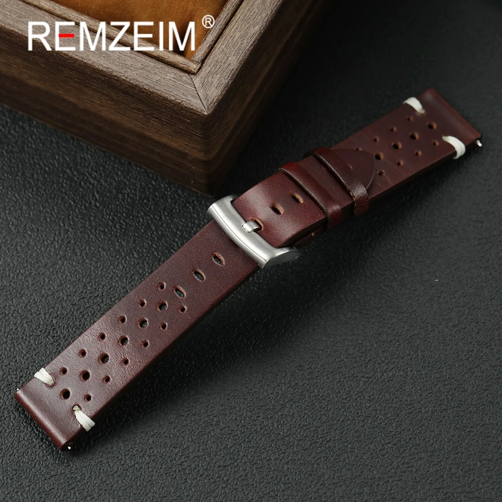 Высококачественный дышащий кожаный ремешок 20 мм 22 мм, масляный воск, ремешки для часов из воловьей кожи, быстросъемный деловой мужской ремешок для наручных часов