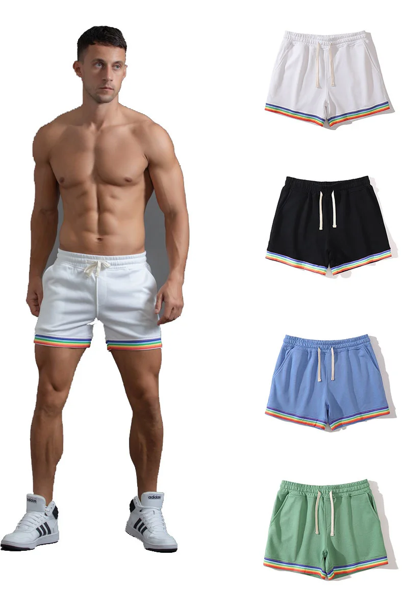 2023 Wholesale French Terry Rainbow Strips Cotton GYMs Casual Mens Workout Shorts