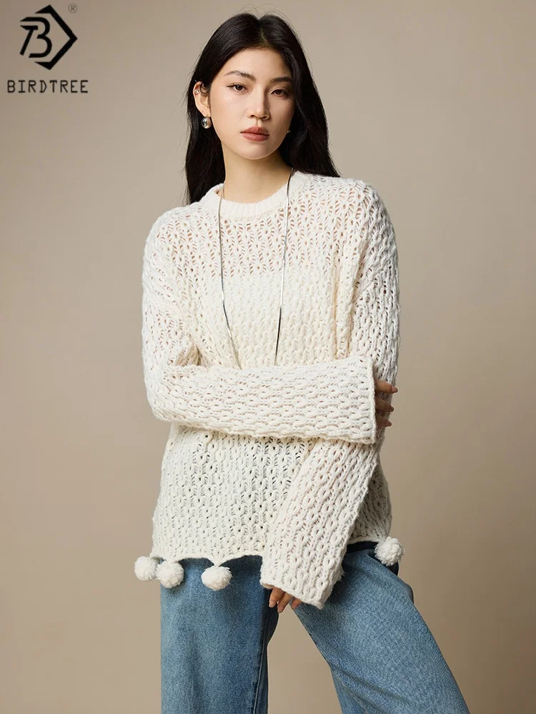 

Birdtree, полый свитер из 100% овечьей шерсти, женский вязаный халат с круглым вырезом, пуловер осень/зима в корейском стиле 2025, белый, фиолетовый T5O010JF