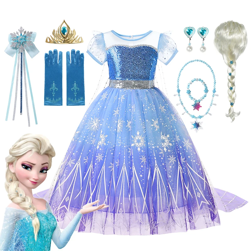 Disney Children Frozen Cosplay Costume Elsa Birthday Party Ball Gown Sequined Snowflake Princess Dress Girls Snow Queen Vestidos