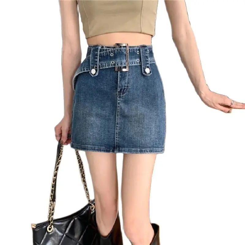 

Casual Short Denim Skirt For Women High Waist Spring Summer A-Line Jean Mini Denim Skirts with Belt Hot Girl Black blue Skirt