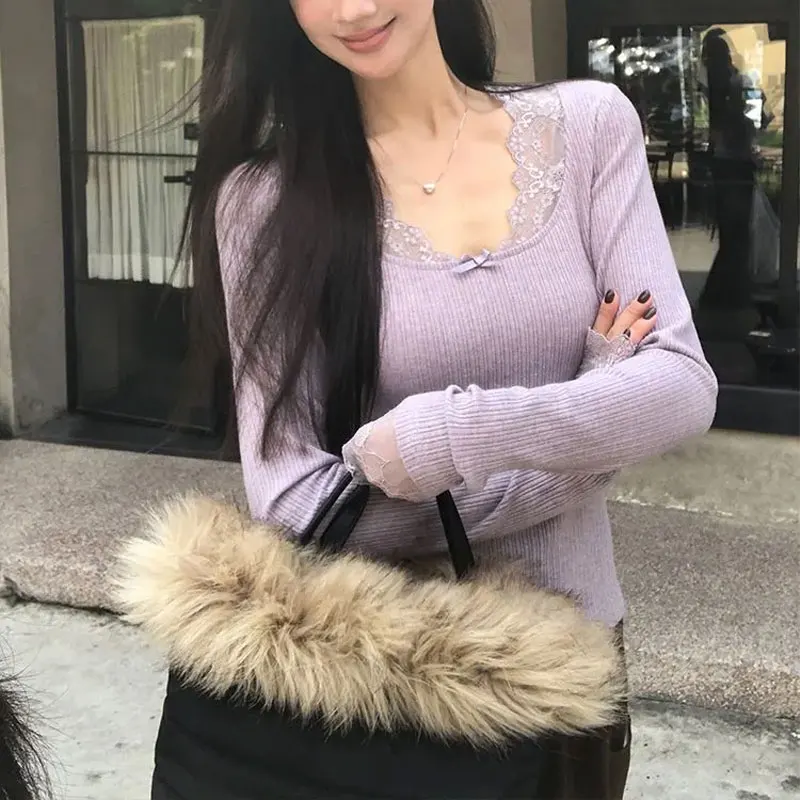 

Stylish Bow Lace Patchwork Pullovers Autumn Solid Color Female Clothing Slim Long Sleeve Vintage French Style V-Neck T-shirts