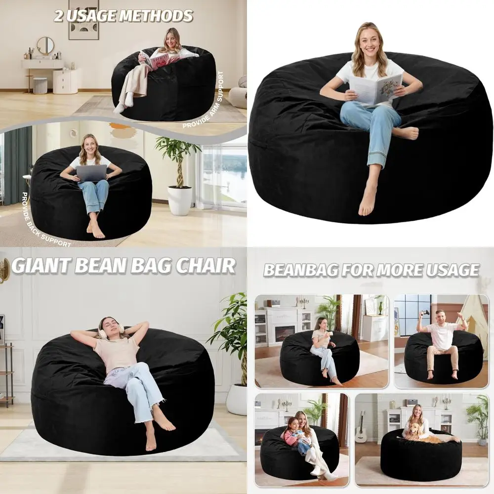 كرسي بين باج بغطاء مخملي فائق النعومة مع رغوة الذاكرة، أريكة كسولة كبيرة الحجم للنوم والمكتب وغرفة المعيشة وغرفة النوم - أسود #1