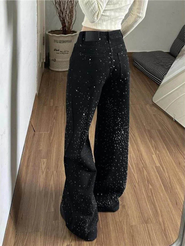American Style Vintage Black Sequin Wide Leg Jeans Loose Straight Floor-Length Pants for Pear Shaped Body Spring Casual Wear