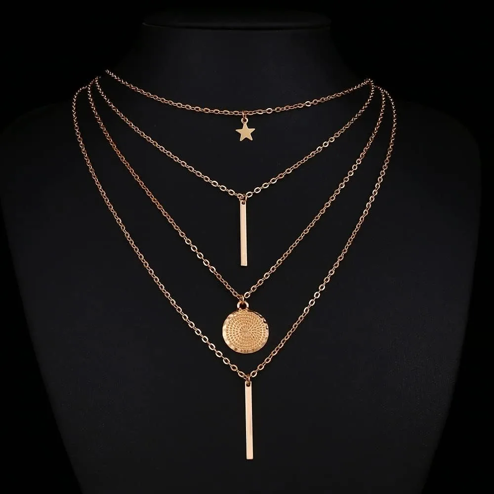 Layers Choker Necklace 14K Gold Silver Plated Y Pendant Necklace Multilayer Bar Necklace Adjustable Layer Necklace for Women