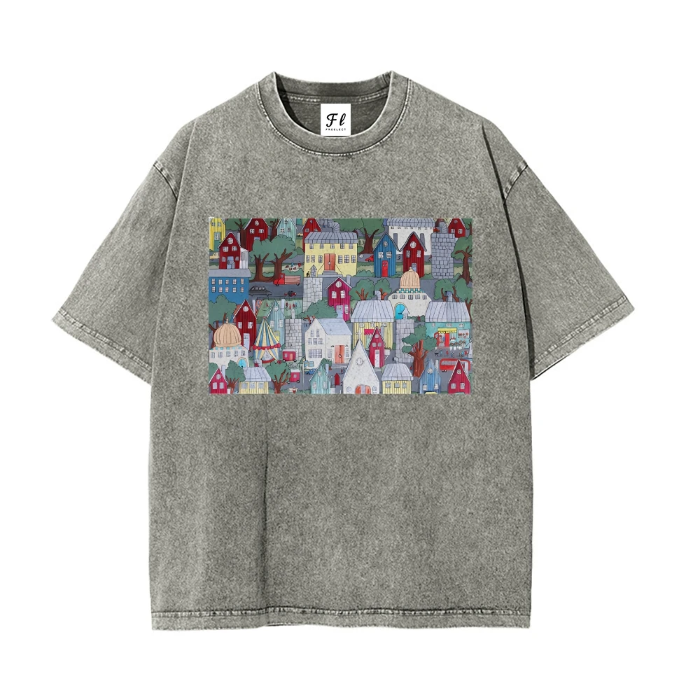 ストリートウェア クルーネック Tシャツ ヴィンテージ カラフルな漫画の町のグラフィックで洗浄 大胆なカジュアル ファッション コンフォート フィット 日常着