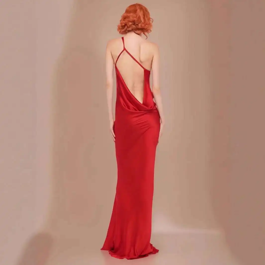 

High-end 2025 New Satin Red Dress with Spaghetti Straps, Backless, Sexy Waist-cinching Bodycon Long Dress Robe Vestido Women
