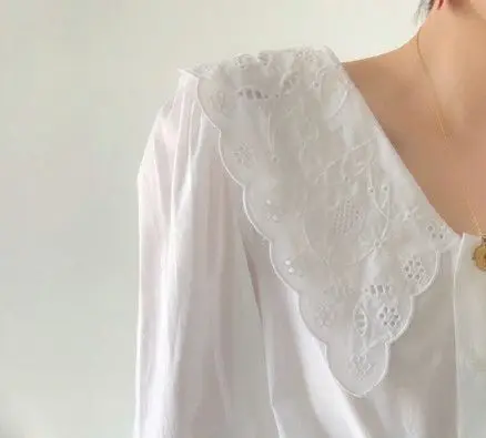 Woman White Lace Shirt Puff Sleeve Elegant Office Top Hollow out Lapel French Brand Fashion blouse