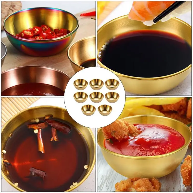 8pcs Seasoning Bowl Stainless Steel Sauce Plate Round Gold Seasoning Dish Tray Sour Soy Mustard Soy Sauce Dish Home Kitchen