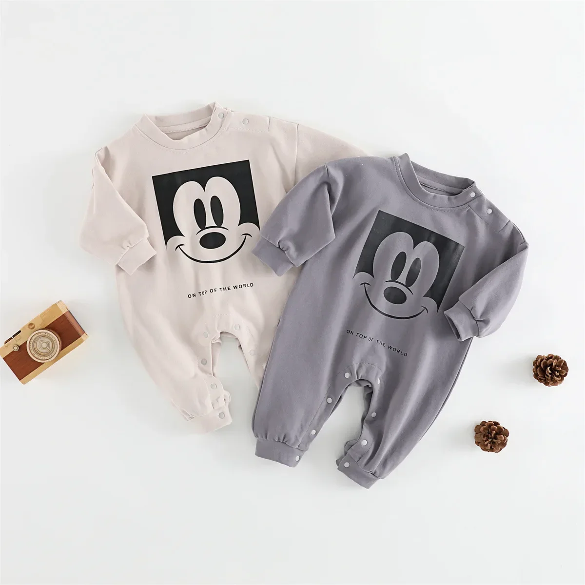 Disney Spring Autumn Newborn Baby Boy Rompers Cartoon Mickey Mouse Print Girl Long Sleeve Clothes Cotton Infant Jumpsuit 0-3T