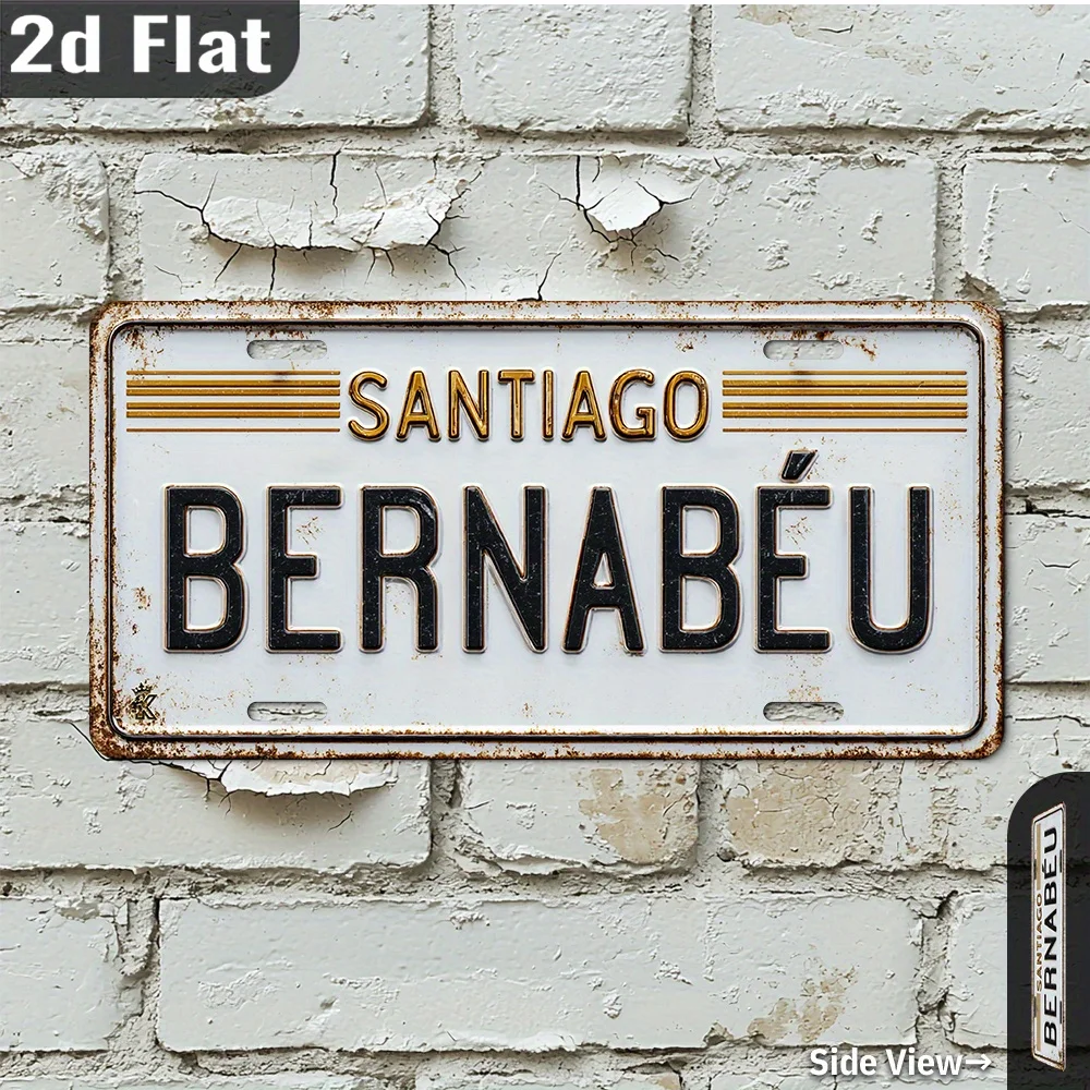 2D plano, 2D plano, 1 pieza, letrero de aluminio vintage de metal, placas y arte de pared para exteriores (30,23 cm x 15,24 cm), Santiago Bernabeu, Retro Wa