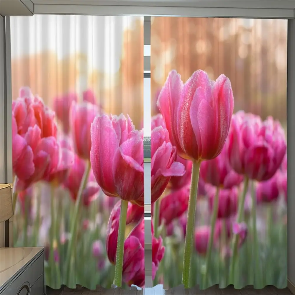 Pink Elegant Tulips Blackout Curtains, Warm Plant Flowers 2 Panels 3D Printed Window Curtains, Thermal Insulated Grommet Room