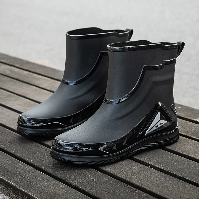 High-end Rain Boots for Men, New Drawstring Waterproof Shoes, Mid-length Anti-slip Rain Boots, Plus Fleece Rubber Boots for Work