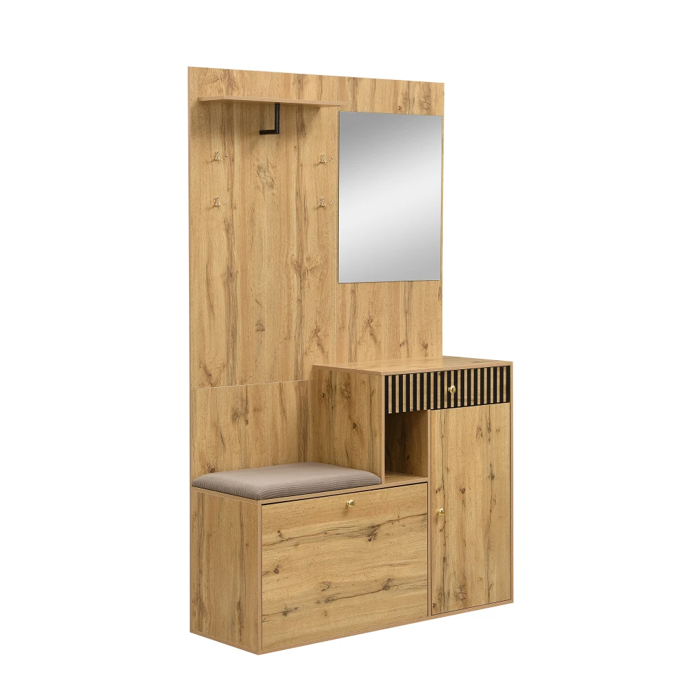 PINGGO Kompaktes Garderoben-Set mit Spiegel und Kissen, Flur-Wandregal, Garderobenpaneele, Schuhschrank für Flur-Aufbewahrung – Detail 11