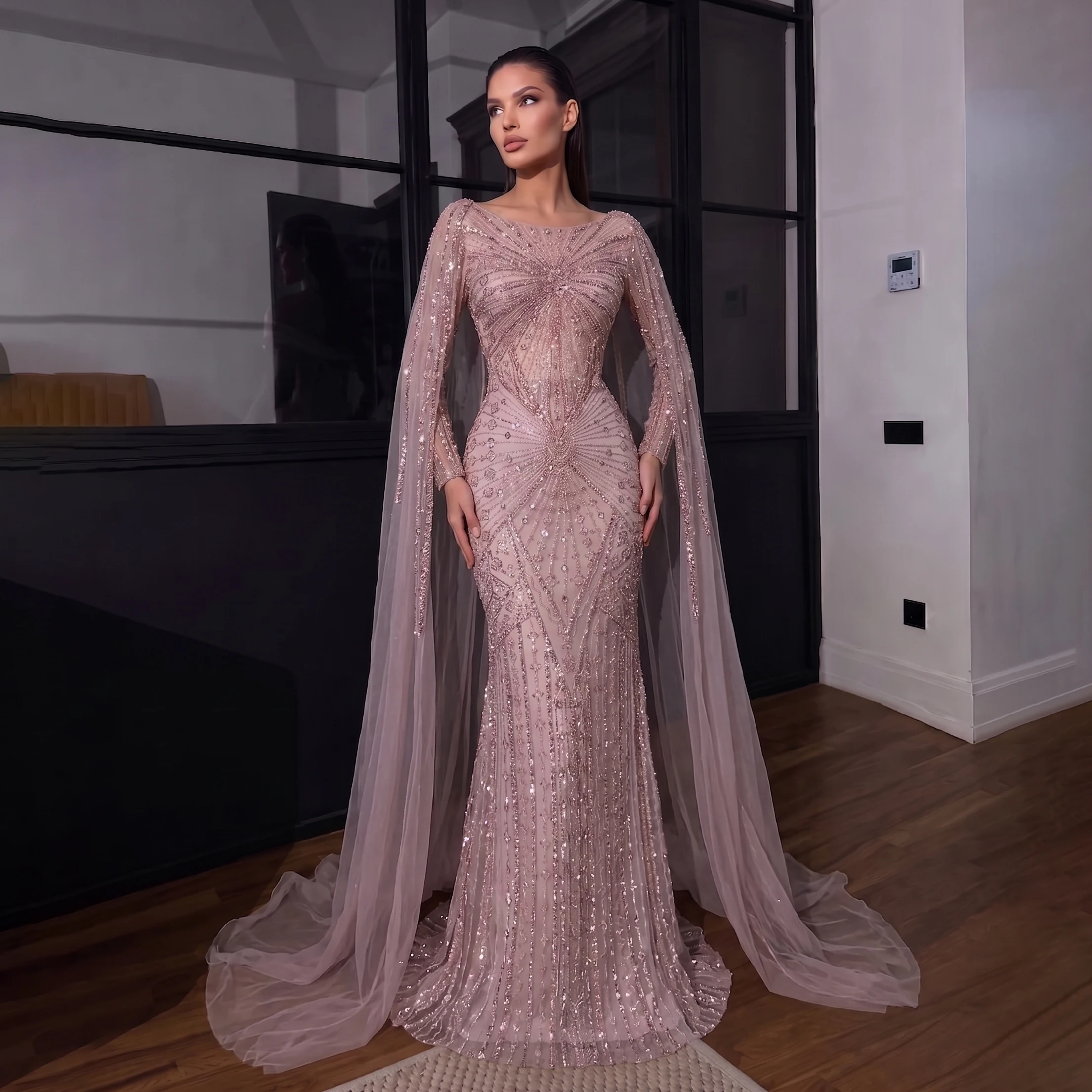 Sharon Said Luxury Long Sleeve Mermaid Women's Formal Evening Dress with Cape Beaded Saudi Gala Party Gowns SS051 Customized